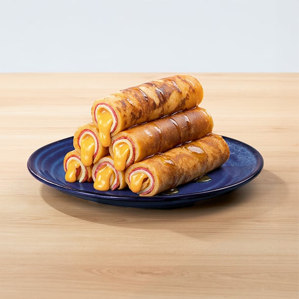 CHEESY PANCAKE ROLL-UPS (HAM & CHEESE)